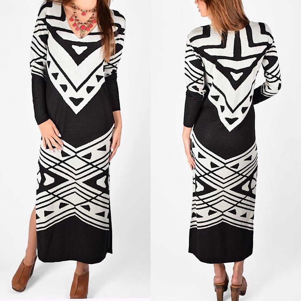 Free People Bauhaus Swit Dress Fitted Knit Long Sleeves Sz SP